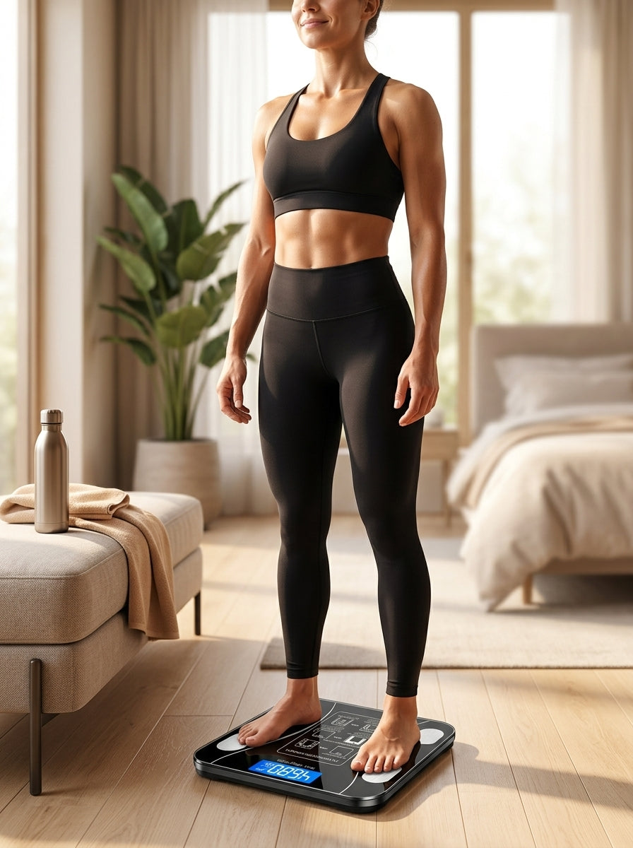 Mujer fitness usando la báscula inteligente