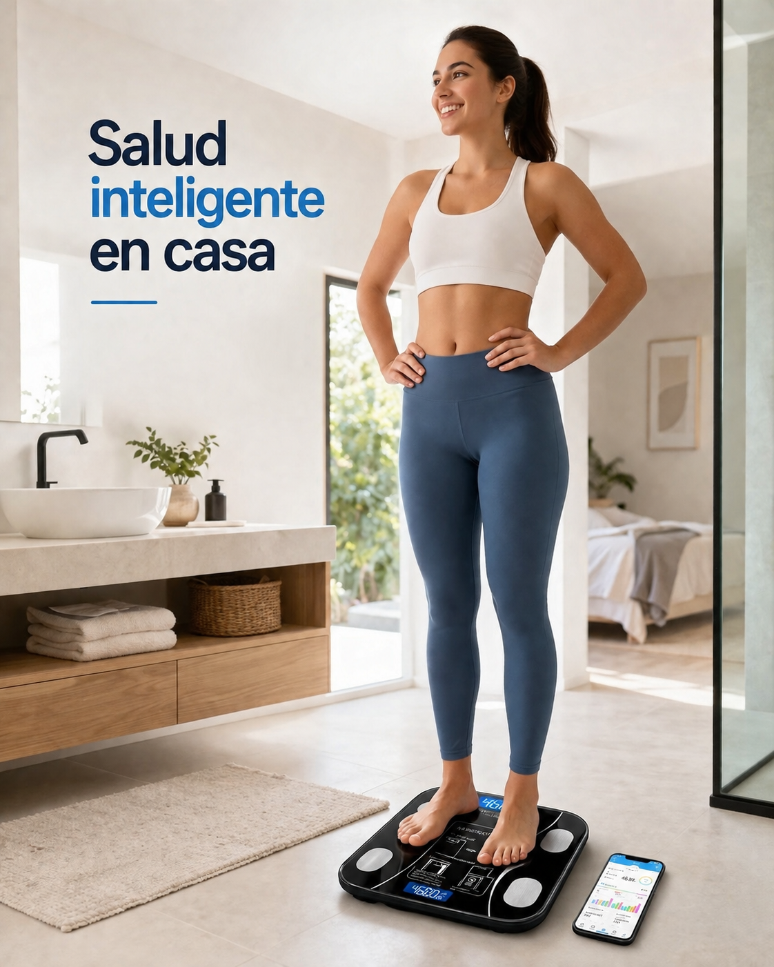 Mujer usando la báscula inteligente en casa - salud inteligente